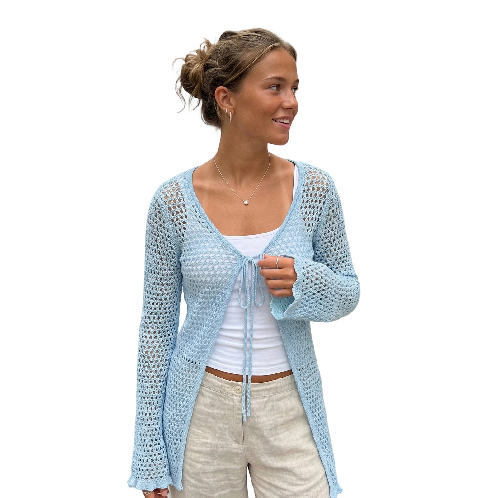 2026 Summer Sexy Swimsuit Cover Up for Women's Long Sleeve V Neck Tie Up Front Solid Color Crochet Hollow Out Loose Fit Cardigan