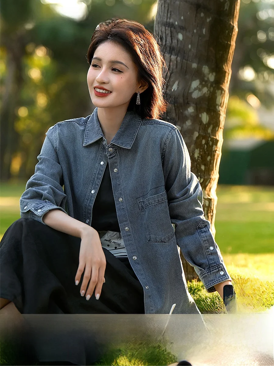 

Повседневная хлопковая джинсовая рубашка Xhange, легкая, струящаяся, винтажного синего цвета, в стиле кэжуал, женская модная коллекция Весна, свободный крой, длинный рукав