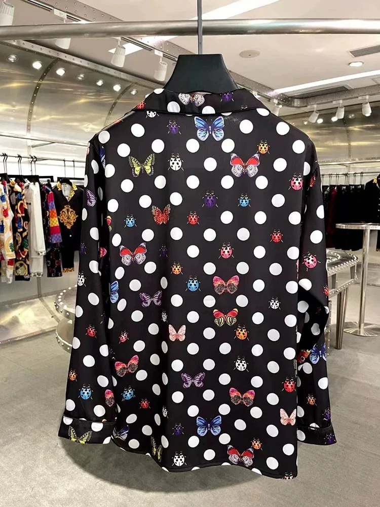 Early autumn couple\'s new spring and autumn thin couple butterfly full-body print long-sleeved trousers home clothing polka dot