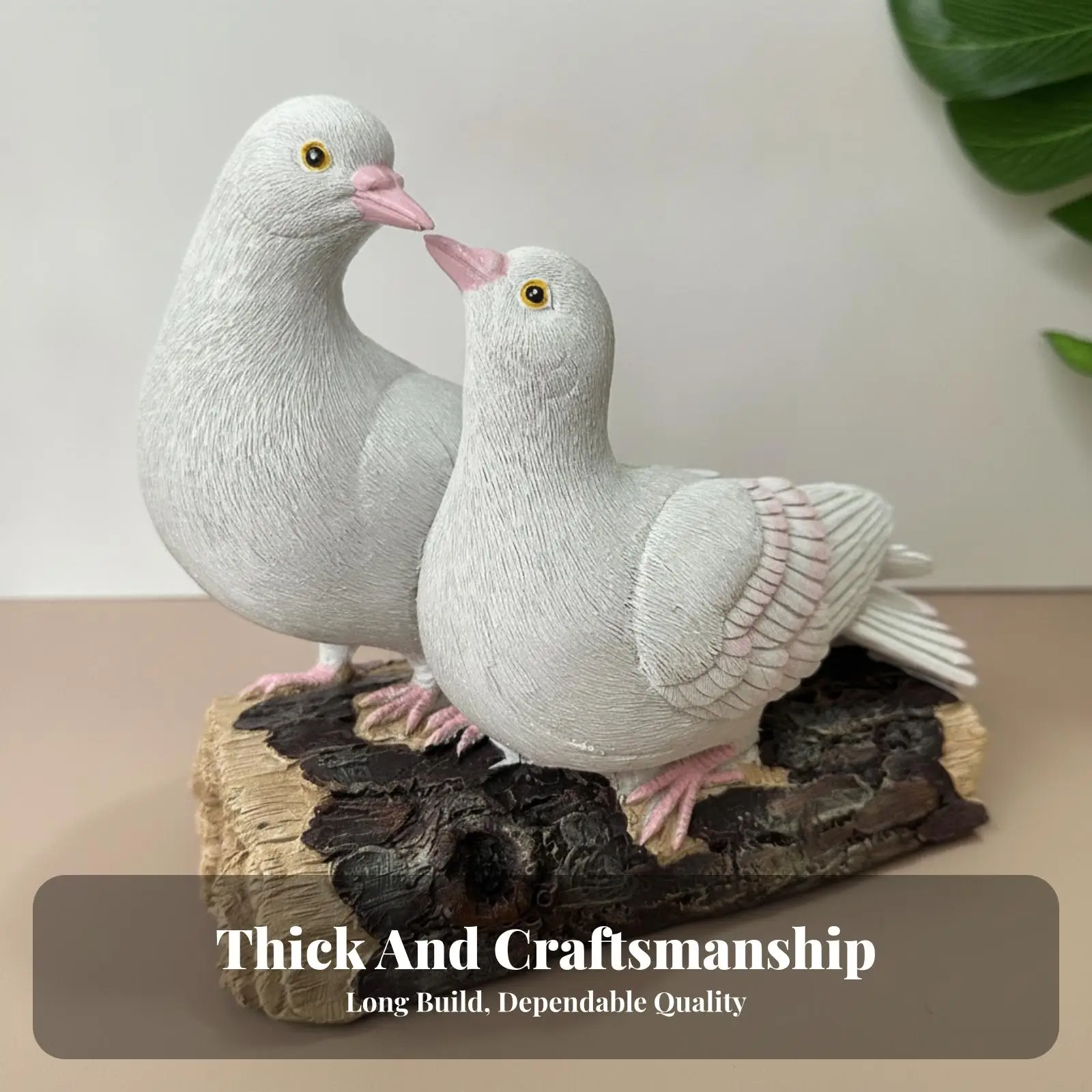 Dove Figurine Pair Feather Detailed Resin Dove Statue Textured-Like Wood Base Ornament for Courtyard, Garden, Villa