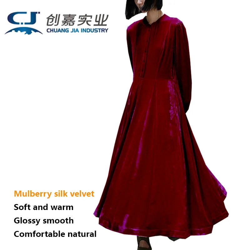 

Original Design Mulberry Silk Velvet Lady Spring Autumn Long-sleeved Stand-up Collar Dress Earthen Yellow Pleated A-line Skirt