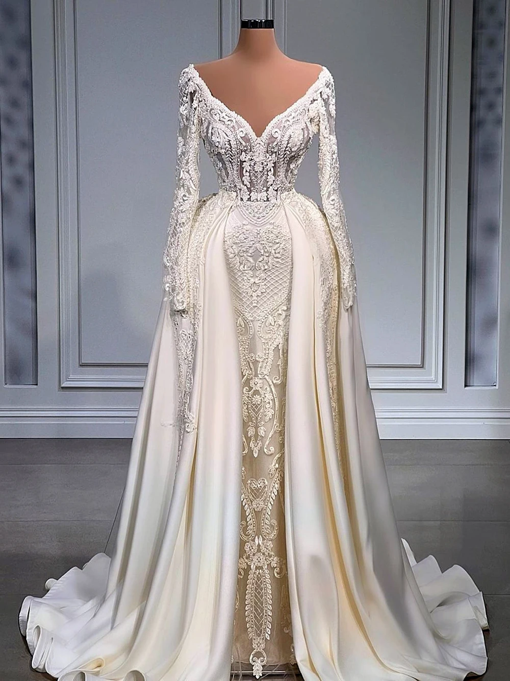 Robe de mariée sirène blanche Vintage, en dentelle, avec traîne détachable, sur mesure, col en V, grande taille