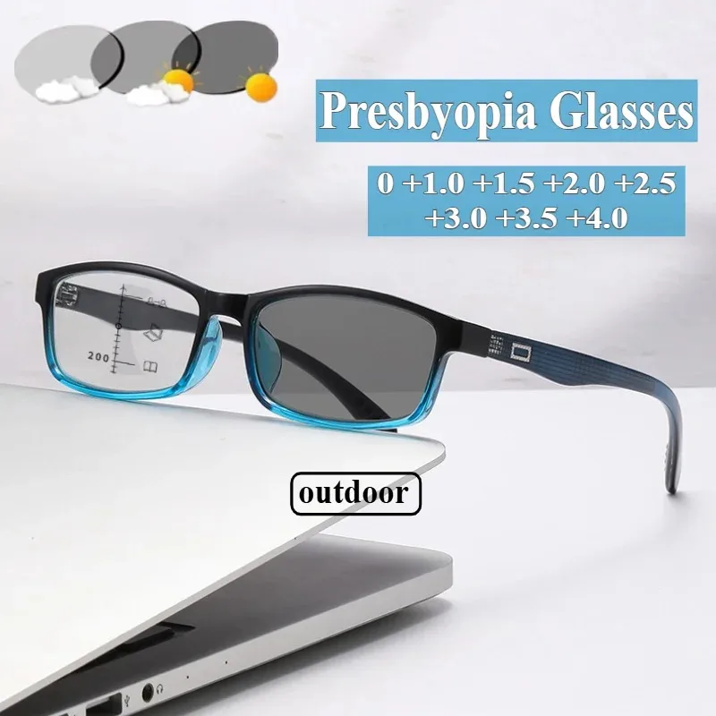 Herren-Presbyopie-Brille mit klassischem Farbverlauf und quadratischem Rahmen, multifokale Lesebrille mit photochrome Linse, 0 bis +4,0