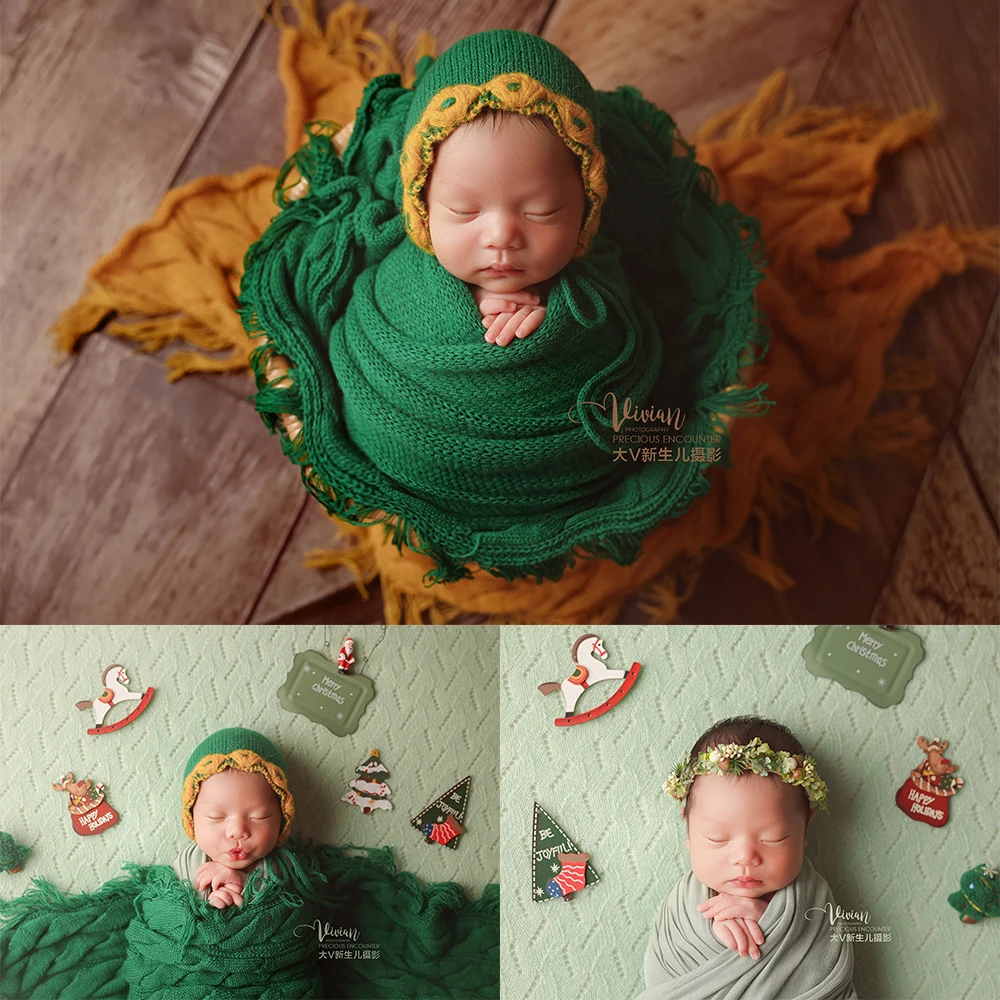 

Newborn Christmas Photography Props Kit Green Knitted Wrapping Hat Floral Headband Festival Ornament Props for Baby Photo Studio