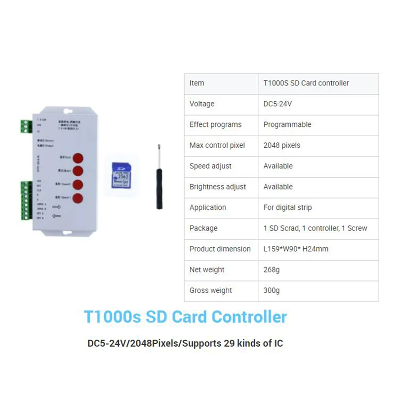 T-1000S LED RGB Full Color Programmable 2048 Pixel Controller with SD Card for WS2811 2812B 1903 IC Addressable 5-24V LED Lights