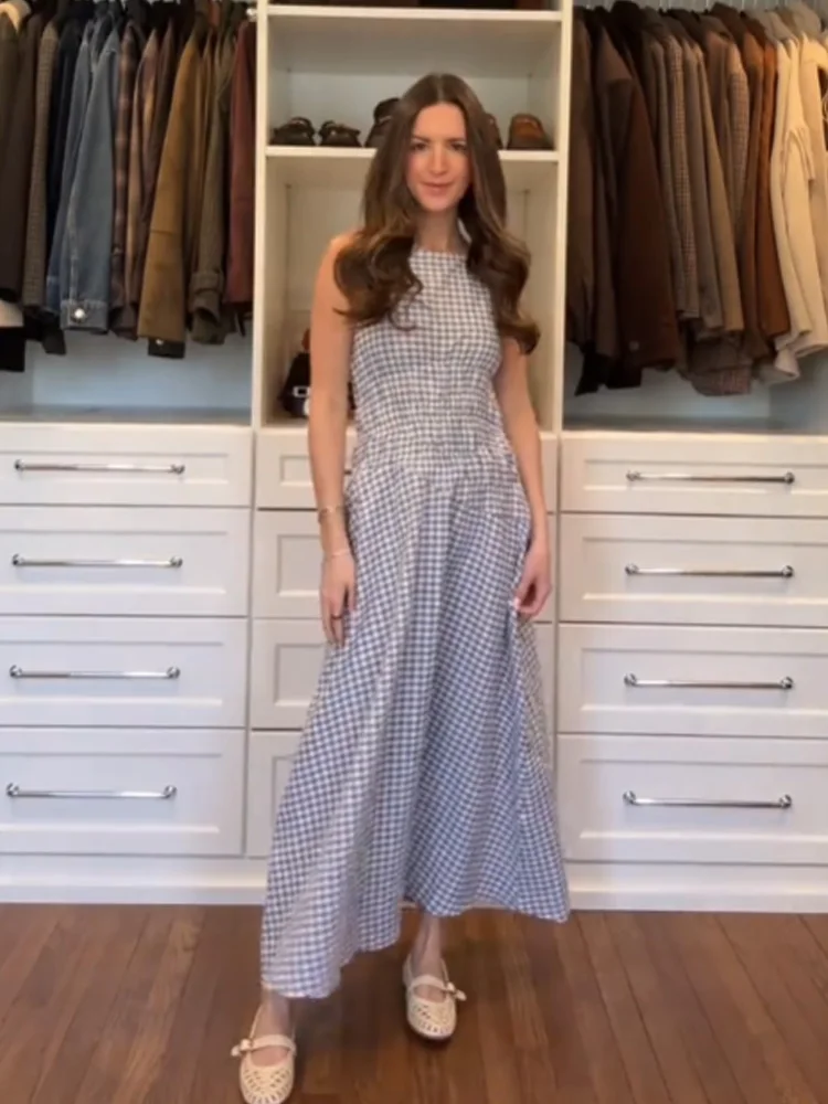 

HH Women Summer New Fashion Plaid Midi Sleeveless Long Dress Female High Street Casual Elastic Waist Slim Ankle Length Dress