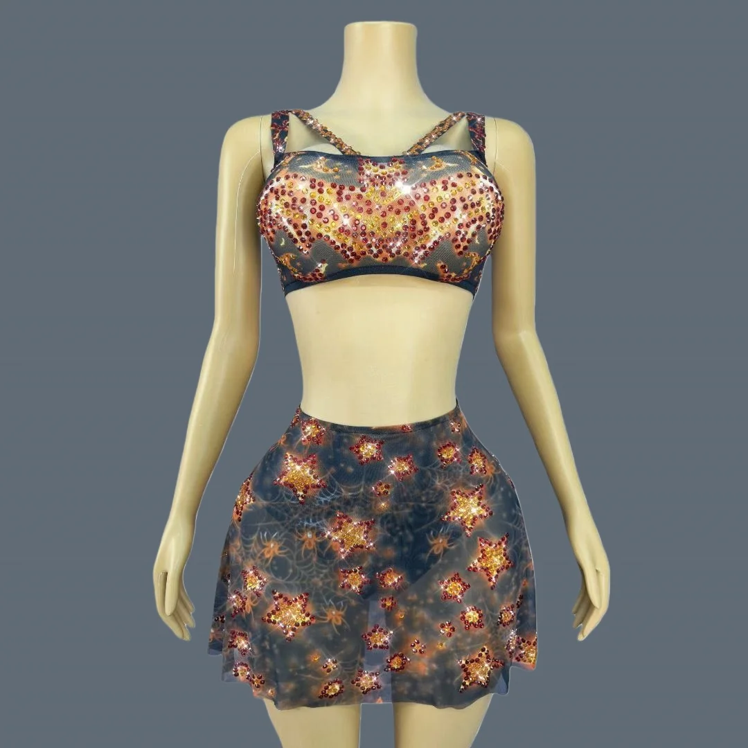 

Halloween Crop Tops Mini Skirt 2Pieces Set Pleated Dresses Sexy Black Sheer Mesh Spider Web Pumpkin Color Sexy Suit Bianfuwang