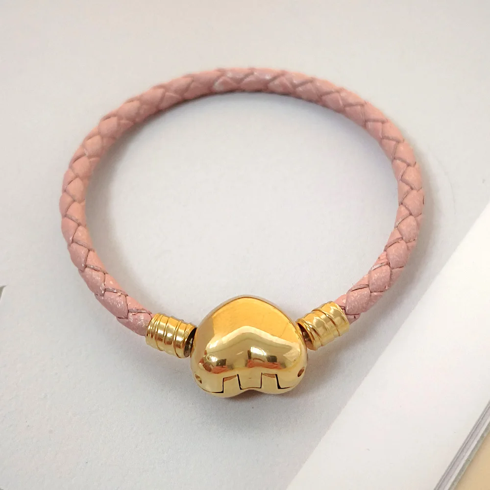 Pandoraer Original Leather Snake Chain Bracelet Gold plating Secure Heart Clasp Charms Bangles For Women Girls Boy DIY Jewelry