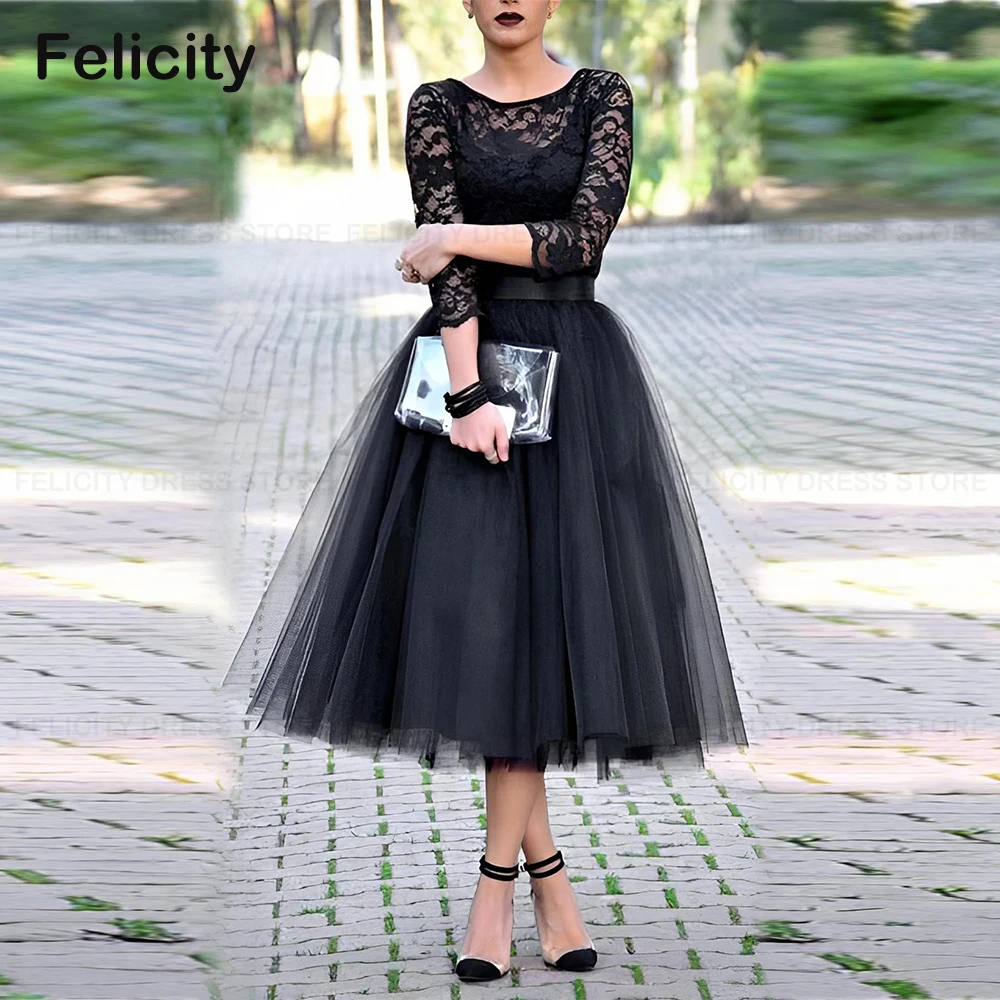 

Gorgeous Wedding Guest Dresses A-Line Scoop Mother of the Bride Dress 2023 Lace Tulle Pleated Belt Tea-Length Party Evening Gown