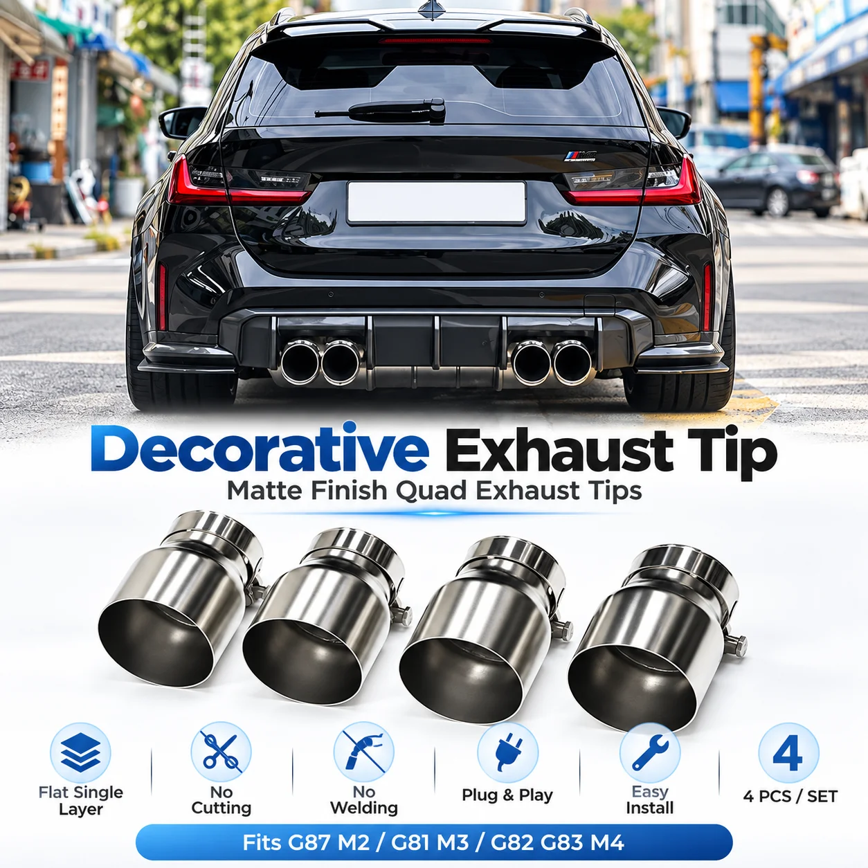 4PCS 101mm Quad Exhaust Tips for BMW M2 G87 M3 G80 G81 M4 G82 G83 Stainless Steel Tail Pipe Plug In Muffler Cover Decorative