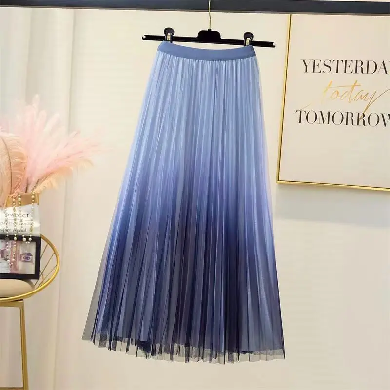 Gradient Pleated Mesh Skirt Women Elastic High Waist Casual A-Line Party Midi Long Skirt Korea Fashion Spring Summer