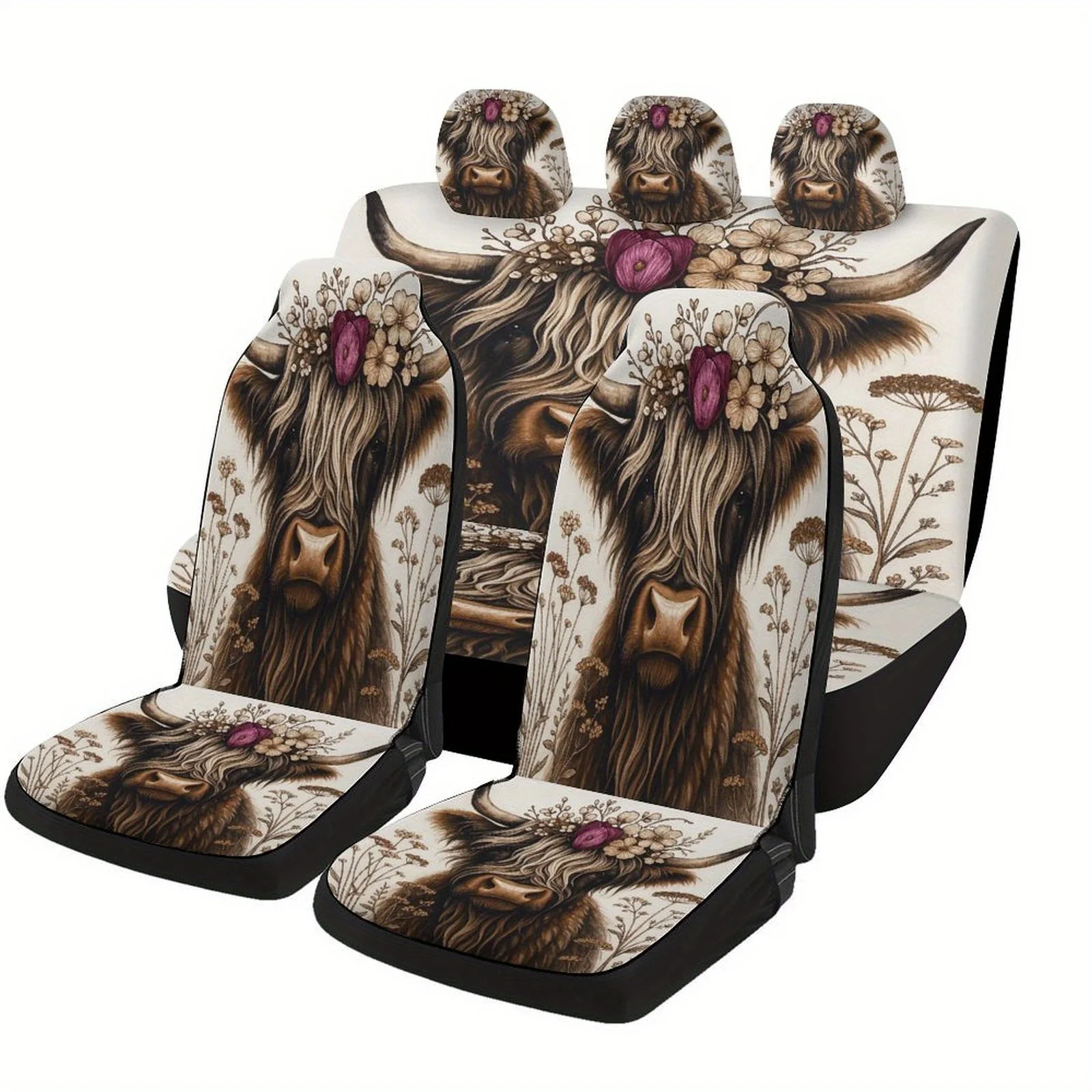 

Highland Cow With Floral Crown Designed Car Seat Cover Set For Most Cars, Fashionable Novelty Car Seat Protector Covers Full Set