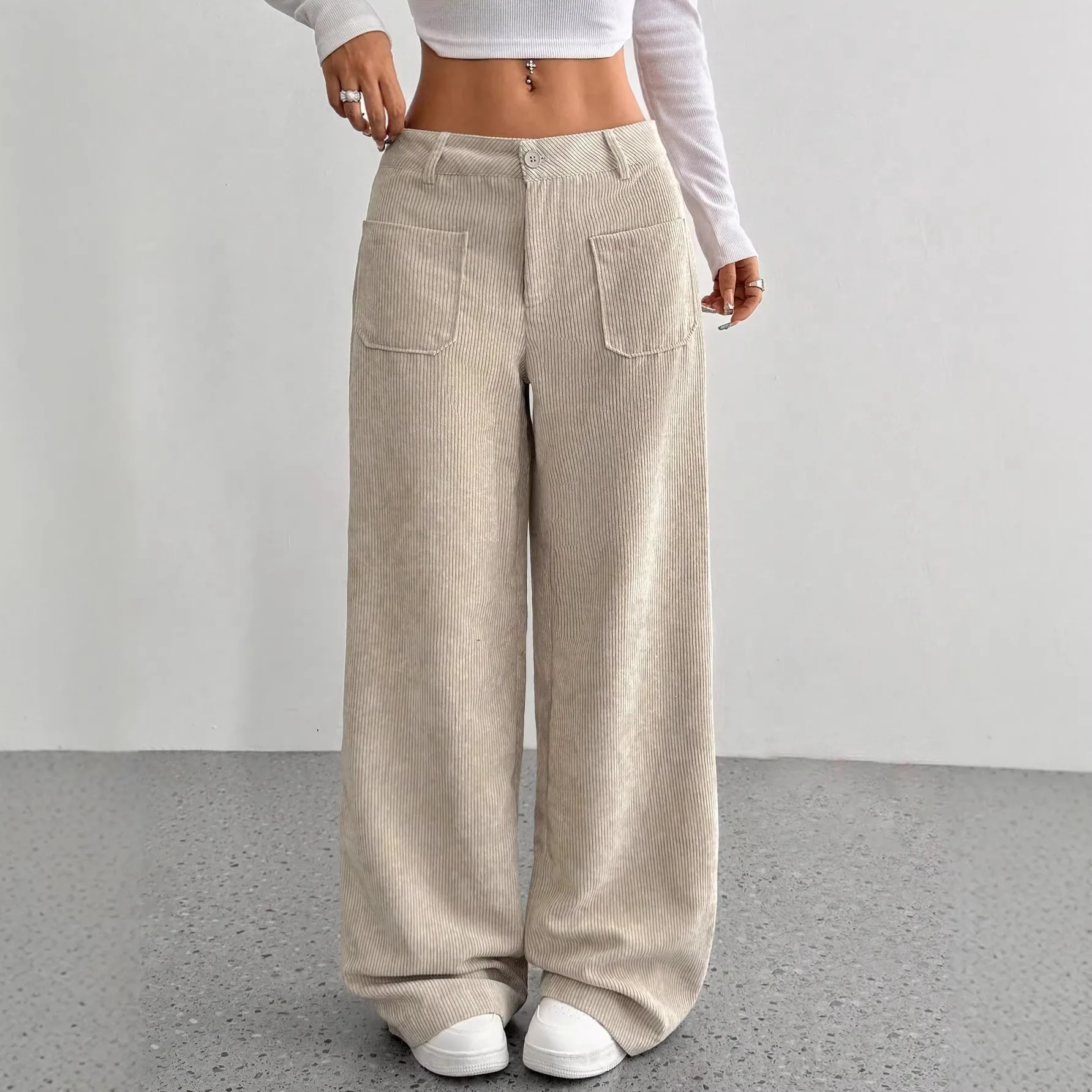 Corduroy Wide Leg Pants for Women Autumn Winter Fashion Retro Trousers Lady High Waist Loose Solid Pockets Pants Floor Length