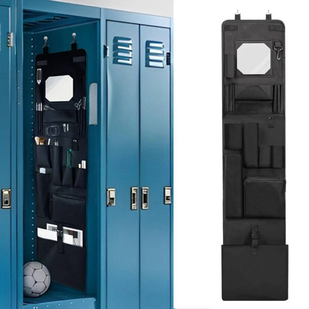 

Storage Cabinet Hanging Organizer Bag with Mirror for Locker Doors and Walls 28x132cm Black Polyester Large Pockets