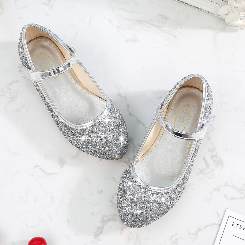 Children's Wedding Flats Kids Princess Soft Soled Shoes Silver Sequin Girls Dance Host Catwalk Dress Performance Student Shoes