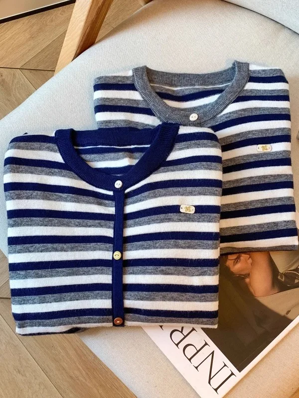 

Korean Sle Striped Knitted Open Cardigan Women's Early Autumn 2025 New Faion plus Size Casual High Waist Long Sve