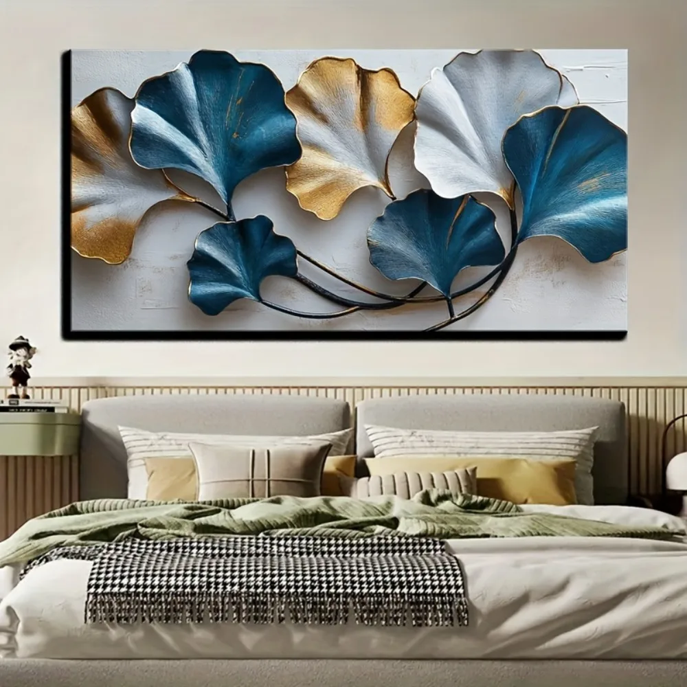 

Blue and yellow leaf canvas walls, artistically elegant sketch still life, home decor, 1.5 inch thick pine solid wood frame