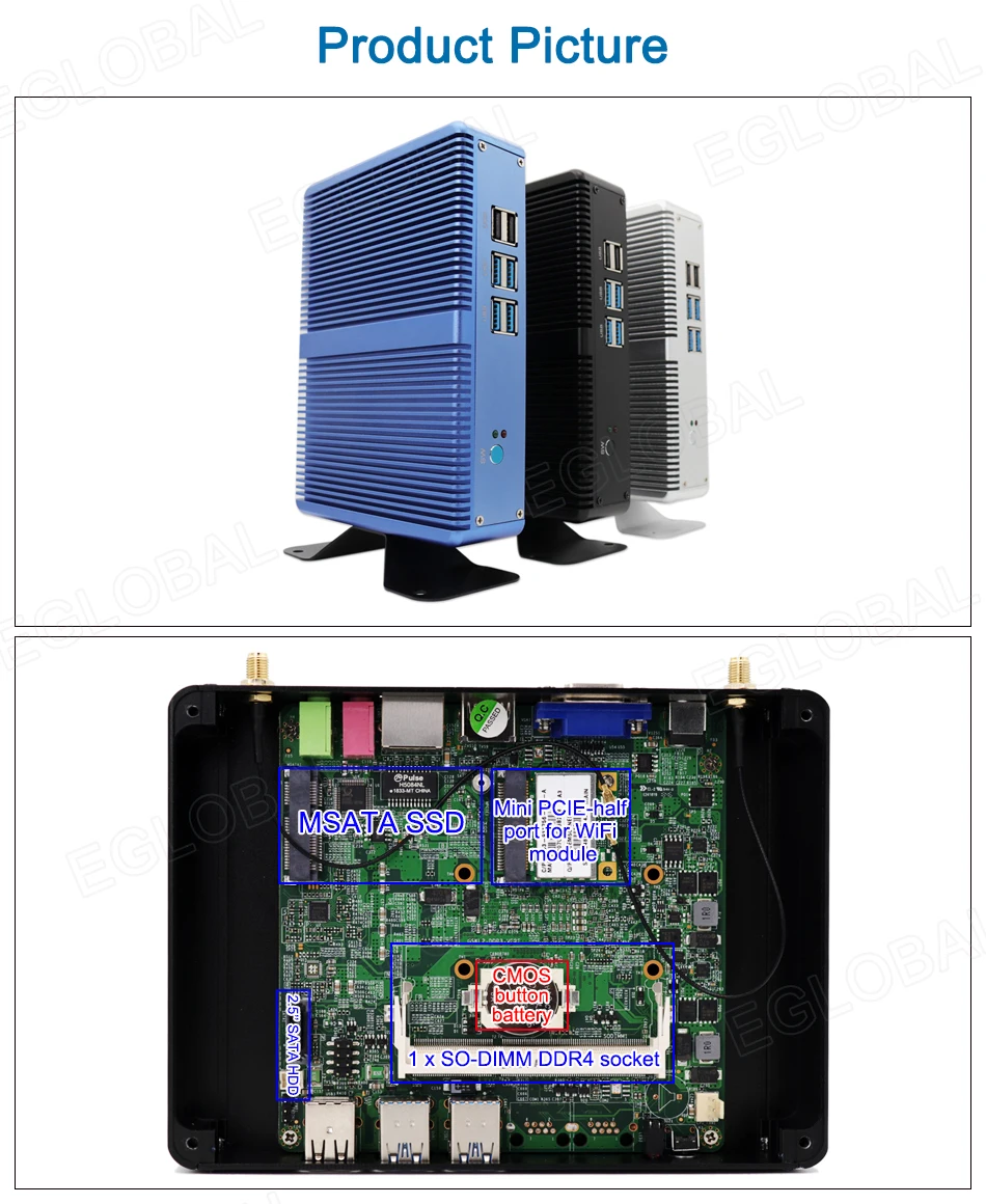 EGLOBAL Cheap Fanless Mini PC Intel Core i3 i5 4*USB 3.0 HDMI VGA 1 DDR3/DDR4 RAM slot Compact Computer WIFI Bluetooth