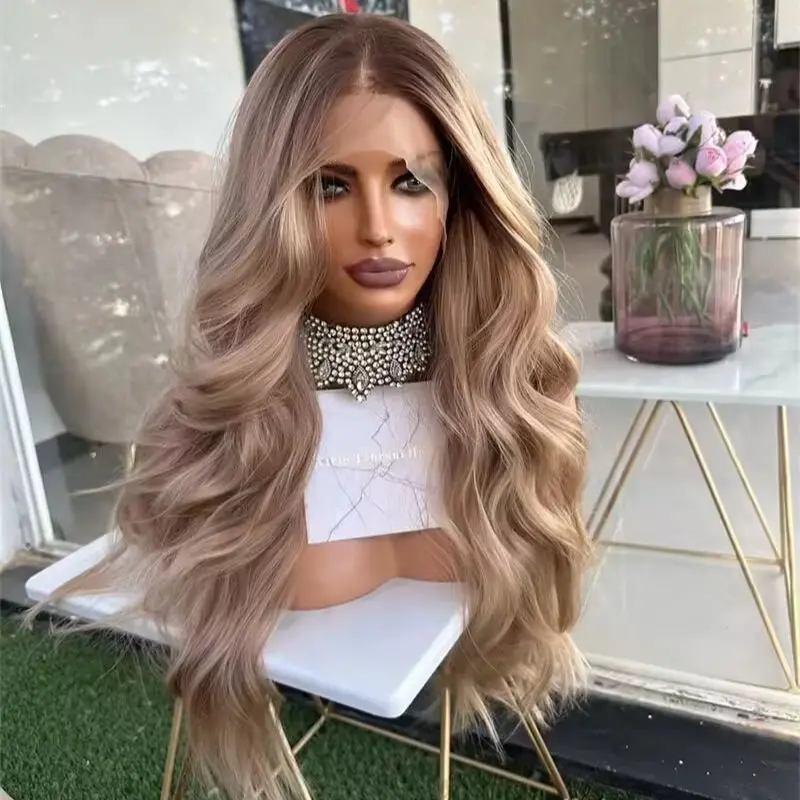 

Ombre Caramel Blonde Synthetic Lace Front Wig Wig with Dark Roots 13x4 High Density Wig Natural Looking Wig Preplucked Hairline