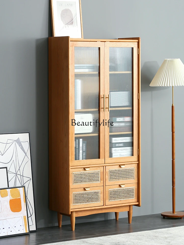 Nordic Solid Wood Bookcase Floor Storage Cabinet with Door Glass Bookcase