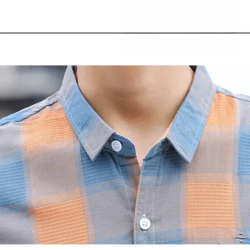 Men\'s Clothing Summer Button Checkered Cardigan Short Sleeve Letter Turn-down Collar Contrast Color Shirt Casual Formal Tops