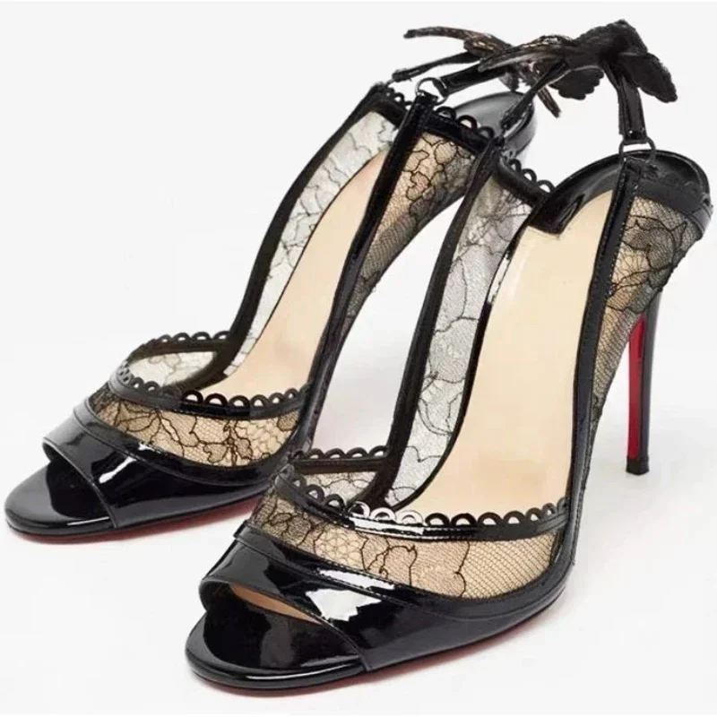 

2026 Women's New in Black Lace Butterfly Sexy Pumps Stilettos Peep Toe High Heels Leather Luxury Designer Party Chic Shoes