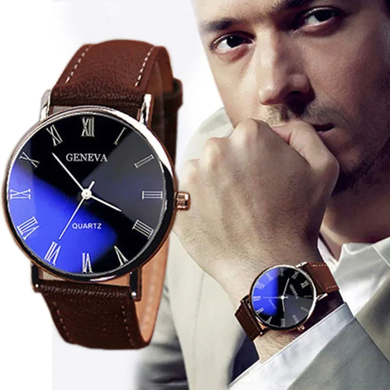 New Geneva Mens Watch Roman Numerals Blu-Ray Faux Leather Band Quartz Watches Analog Business Wristwatches Relogio Masculino