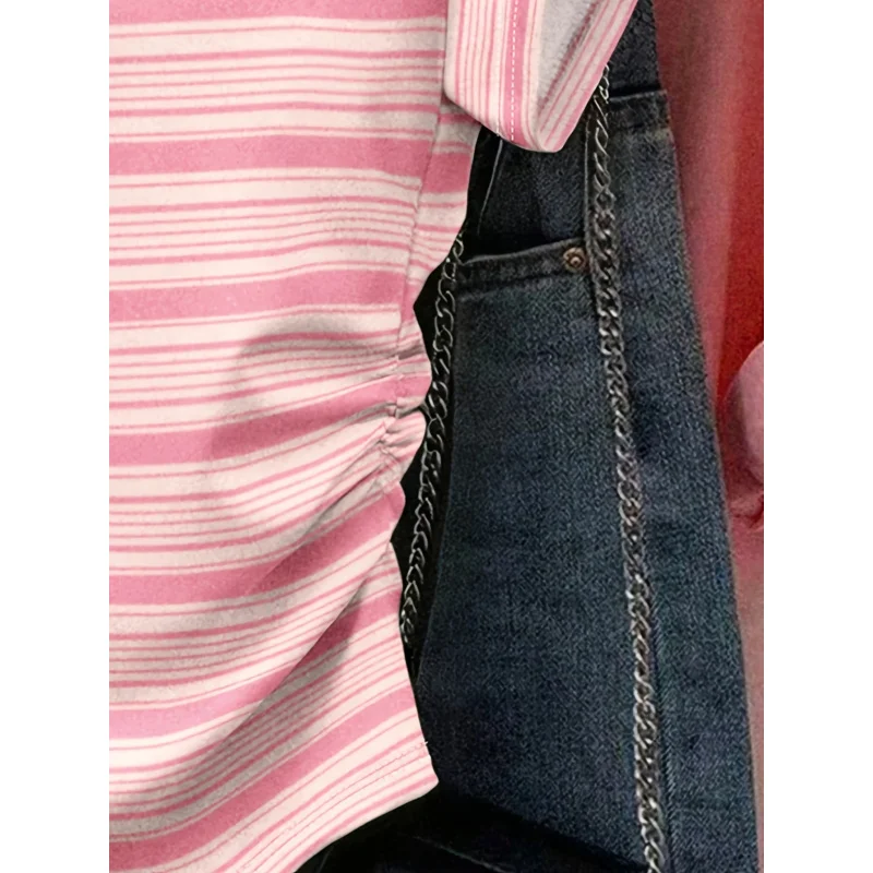 

Vintage Pink Wide Stripe Pleated Slim Fit Cute Short Sleeve Round Neck-Shirt