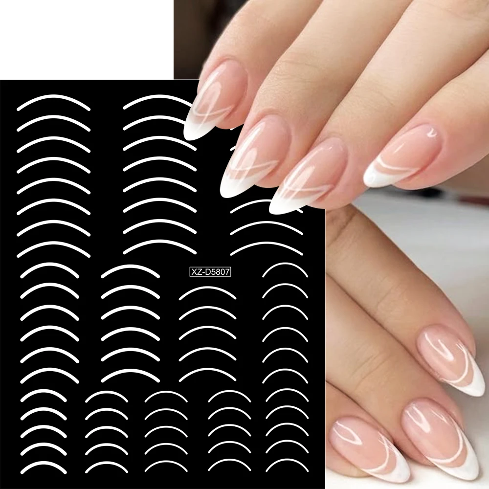 1pc 3D White French Line Nail Art Slider Stickers Geometry Block Curve Stripe Lines Self Adhesive Nail Foils Nail Decor Stickers