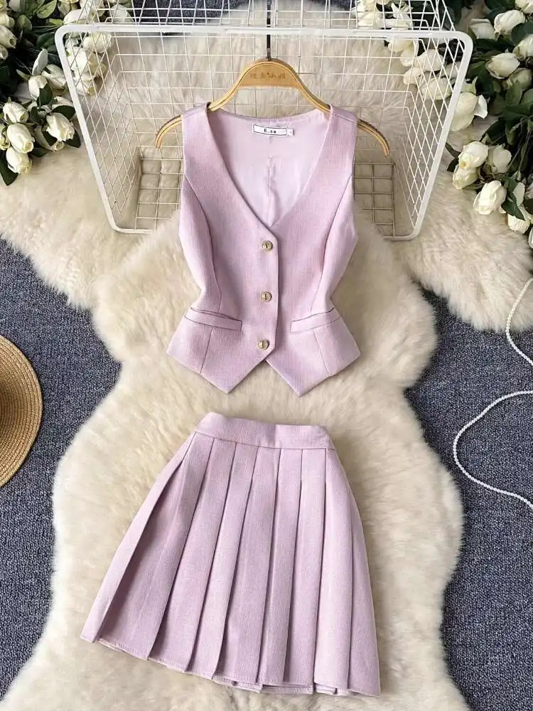 

French Style Two-piece Set Women Single Breasted Split Suit Vest Top+high Waisted Pleated Mini Skirt Elegant Outfits