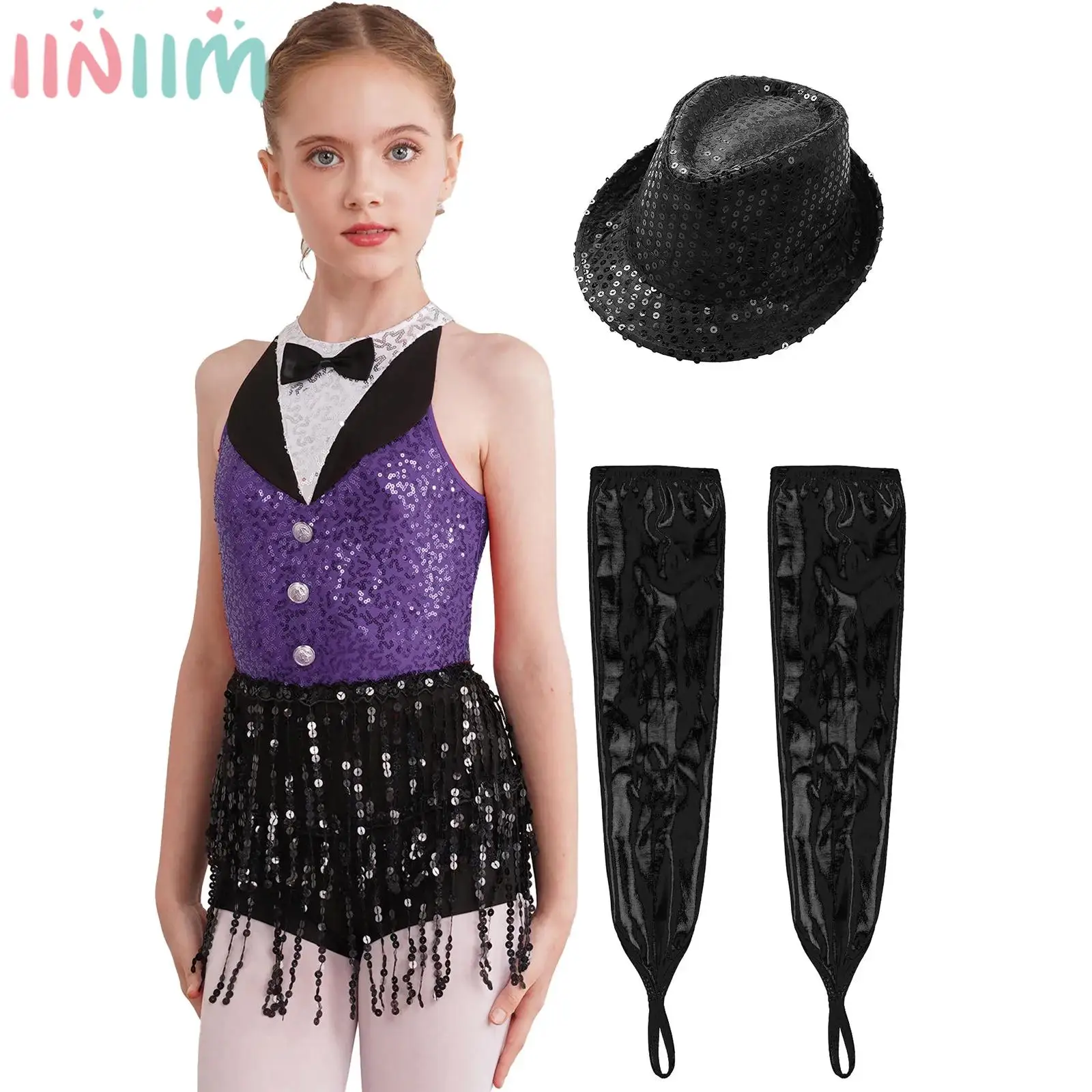 Kids Girls Jazz Latin Dance Costume Cha-cha Samba Rumba Tango Bodysuit Sleeveless Sequin Tassel Leotard Dress with Gloves Hat