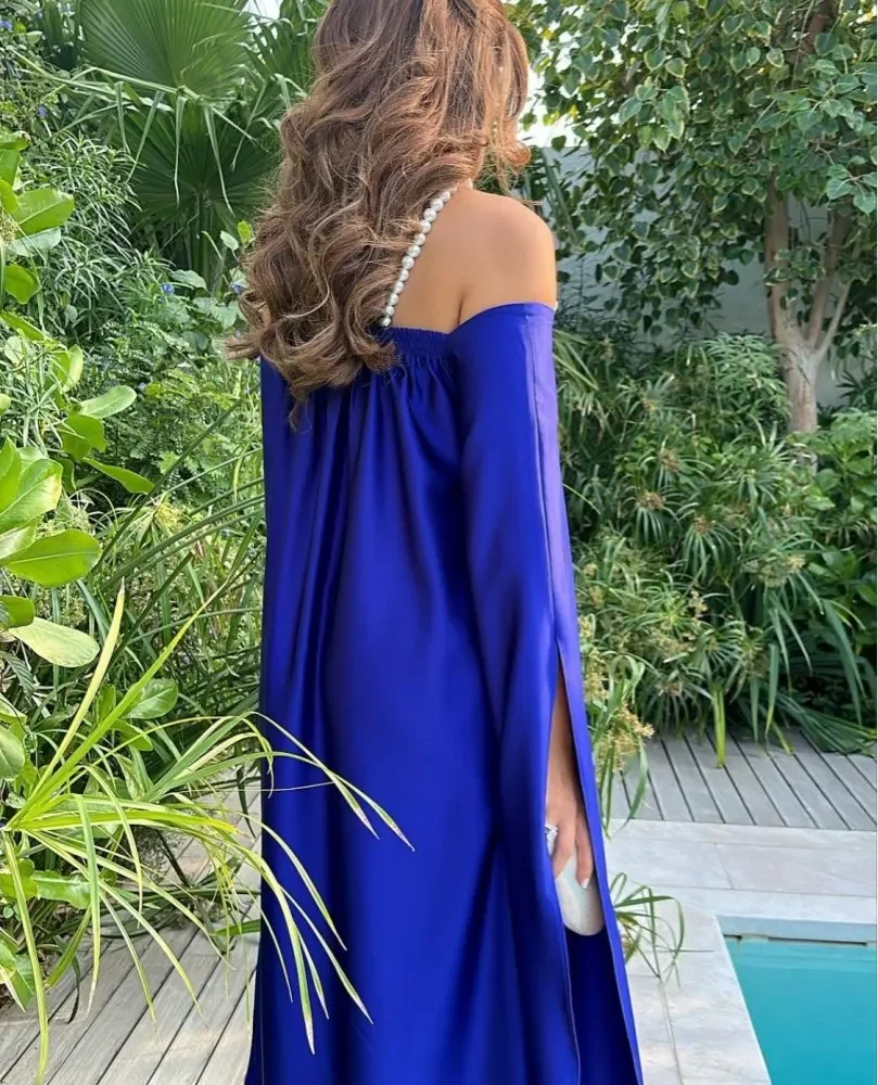 Saudi Blue Prom Dresses Strapless Long Sleeveless Pleated Halter Evening Dresses Floor Length Formal Party Dresses