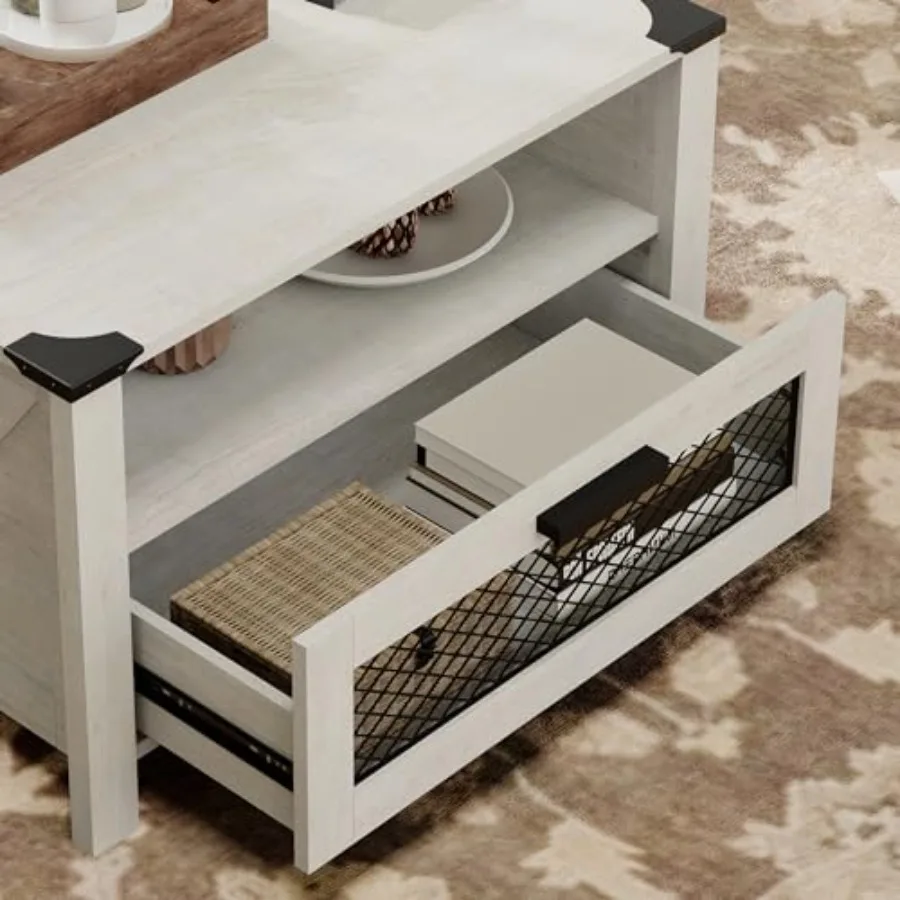 طاولة قهوة مربعة 30 بوصة، درج تخزين طاولة القهوة لغرفة المعيشة، طاولة مزرعة مع مقصورتين، رف مفتوح