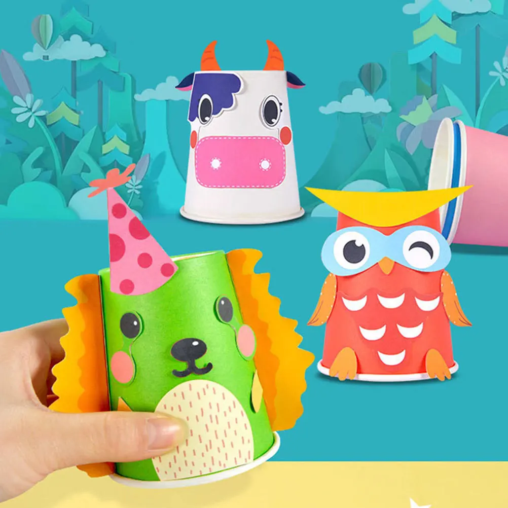 Bonito dos desenhos animados diy copo de papel arte kit 12 copos 10 cartões 1 fita dupla 1 cartão de referência durável seguro artesanato educacional