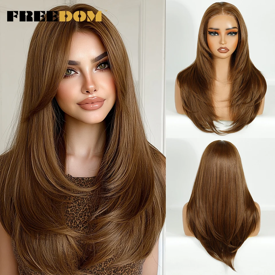 FREEDOM 13x3 Straight Pre Plucked Layered Lace Wig Synthetic Lace Front Wigs For Women 20 Inch Ombre Brown Blonde Daily Use Wigs