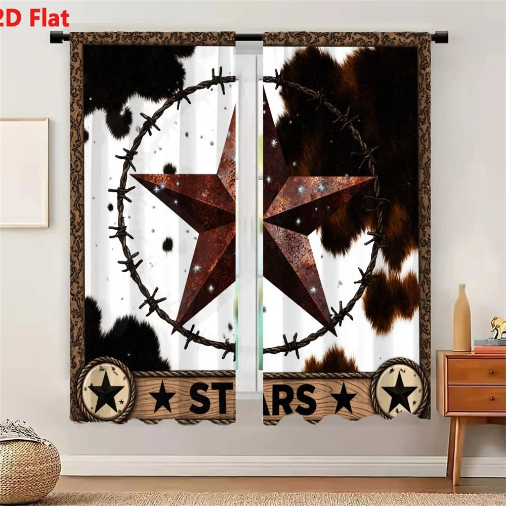 2Pcs Curtains 2D Flat Rustic Western Star Decorative Design With Barbed Wire Cowhide Pattern Brown Floral Border And Wooden Bann