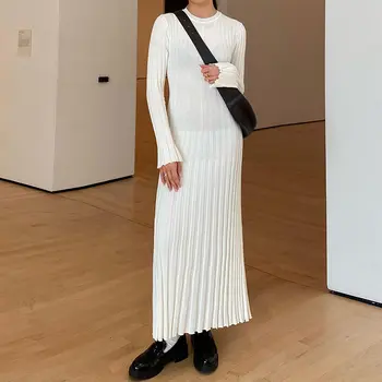 90年代復古繫腰洋裝 女士優雅羅紋針織長袖洋裝 圓領修身鉛筆長裙 街頭風 6 最佳銷售 羅紋針織連身裙 - №3