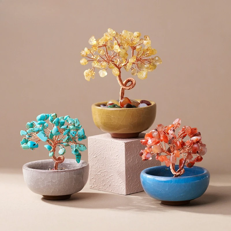 Natural crystal fortune tree agate rolling stone base cornucopia crystal tree home office lucky ornament