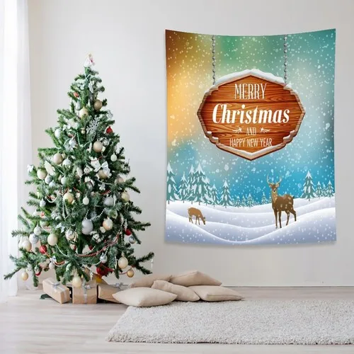 Henge Snow Rainy Christmas Christmas Happy birthday Deers and Pine Wall Cover