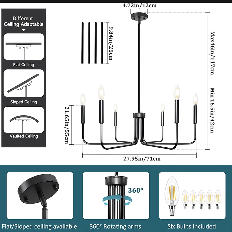 Imagem -04 - Industrial Farmhouse Lustre para Sala de Jantar Preto Luminárias Luminárias Suspensas 6-light Fixtures