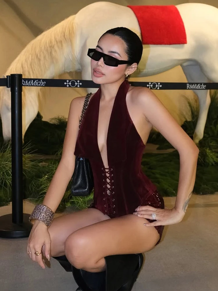 

Sisterlinda сексуальный комплект из 2 предметов с лямкой на шее, женский кокетный топ с открытой спиной и гофрировкой на бретелях + короткая велосипедная одежда с блестками, уличная одежда для полуночной вечеринки