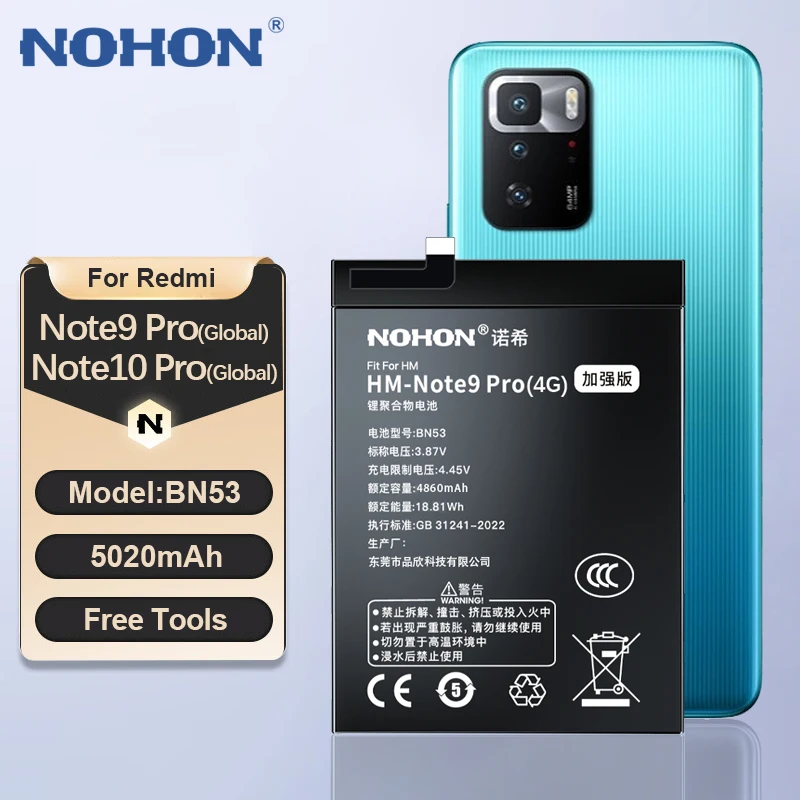 NOHON BN53 5020mAh Battery for Xiaomi Redmi Note 9 Pro 5G / Note 10 Pro 4G Global Version Lithium Polymer Batteries + Tools