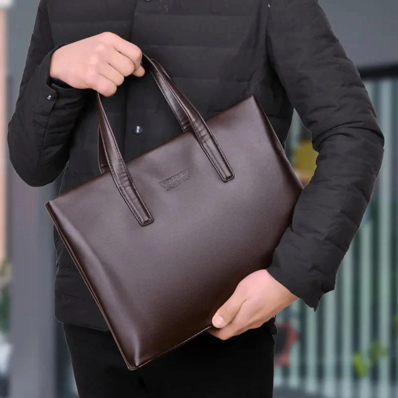 Maletín de negocios Simple con cremallera para hombre, bolso grande de cuero PU para documentos, bolso de mano para computadora portátil de moda