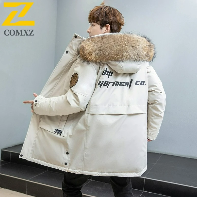 COMXZ Men Puffer Jacket Luxury Mao Collar Hooded Outdoor Office Thickened Parka Casual Travel Windproof Winter Long Puffer Coat