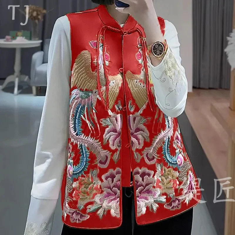 

Women's Vest Vests for omen Women's Jackets Chinese-style Collar Buckle Female Autumn Phoenix Peony Embroidered Vest Female