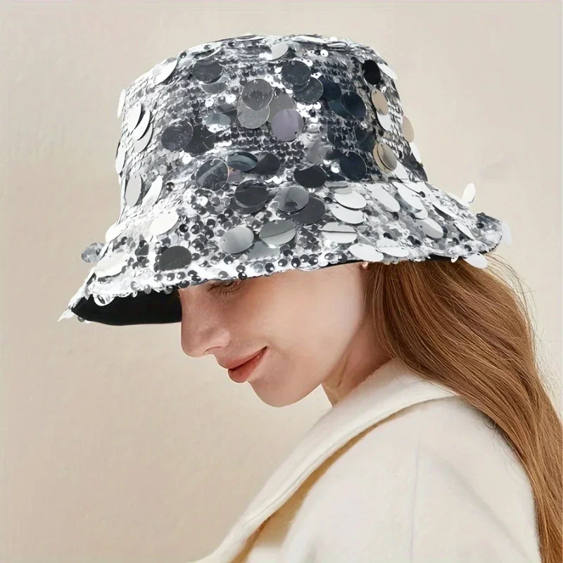 

Trendy Sequins Y2K Bucket Hat 2024 Spring Hip Hop Solid Color Basin Hat Lightweight Fisherman Cap Music Festival Party Hat Women