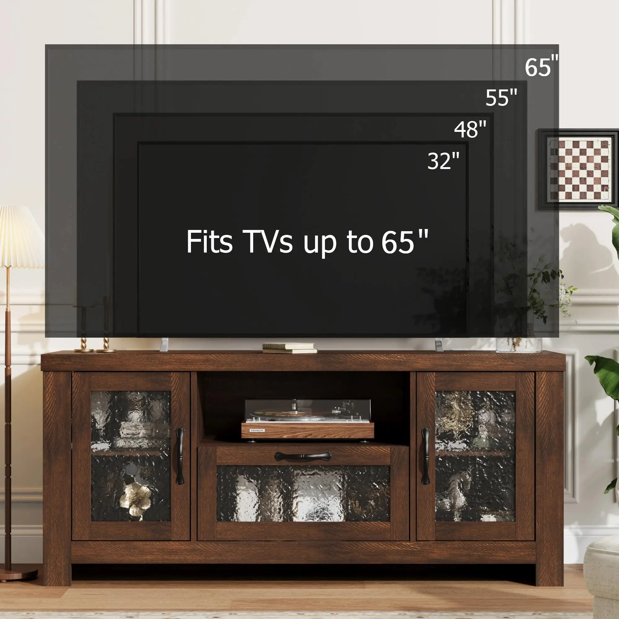 Farmhouse TV Stand for 65 Inch TV, Entertainment Center with Acrylic Door & Adjustable Shelves, Sideboard Buffet Storage Cabinet for Living Room Bedroom, Rustic Brown