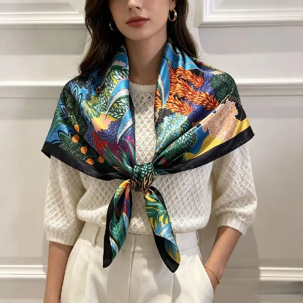 Luxury Brand Square Silk Scarf Women Satin Print Hijab Scarves Muslim Pareo Bandana Female Shawl Wrap Headband Foulard