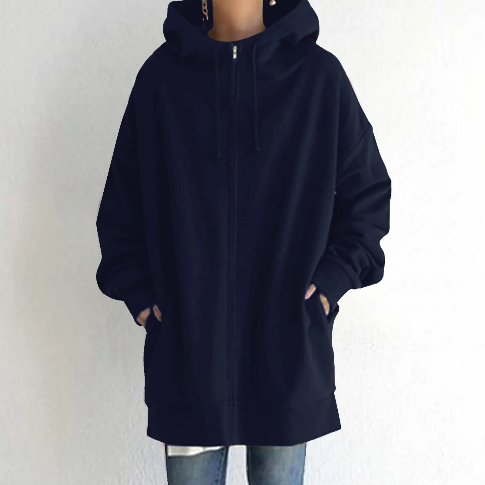 Hoodies extragrandes femininos com zíper, jaquetas de bolso compridas, streetwear com capuz feminino, outwear de lã, casaco Harajuku, moletons de inverno