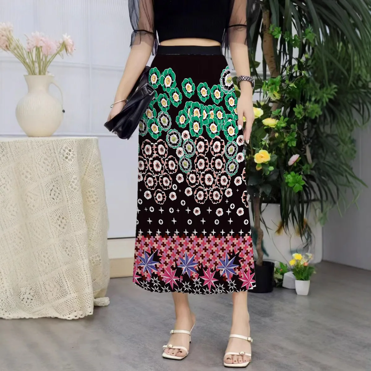 

Nighpha Spring Summer Women's Printed Skirt Elastic High Waisted Pleated Skirts Casual Thin Large Swing A-line Midi Long Skirt